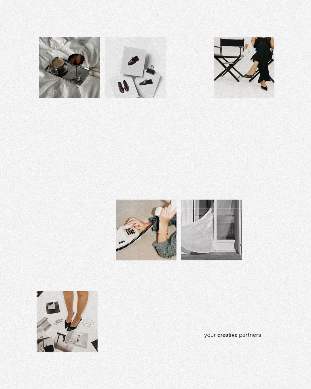 Collage of images including a tray with coffee and spoon, shoes on white background, woman sitting on black chair reading, woman on phone wearing heels, woman with shoes on floor surrounded by magazines, and text saying 'your creative partners'.