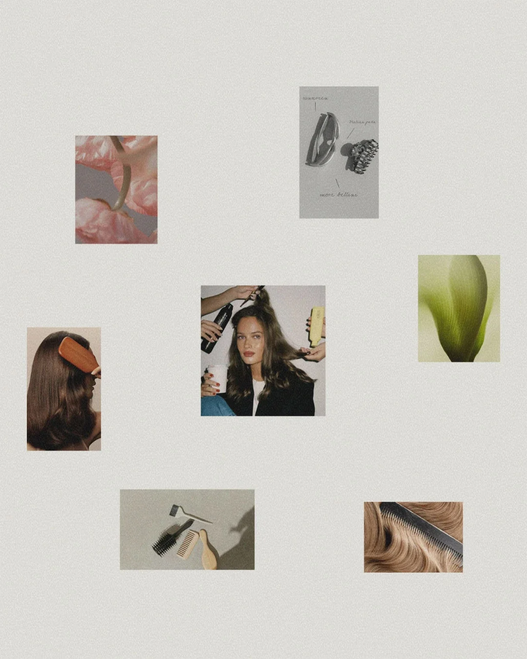 Collage of images related to hairstyling and hair care, including hairbrushes, scissors, hair styling tools, a woman getting her hair styled, and close-up shots of hair and hair accessories.