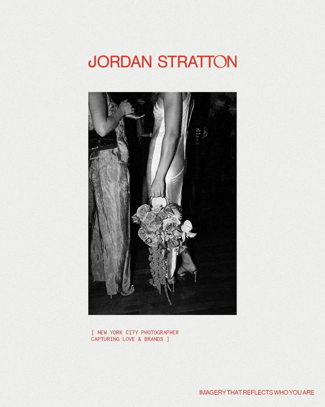 Cover of a book or magazine featuring a black and white photograph of a woman in a shiny dress holding flowers, with text indicating the photographer is from New York City, capturing love and brands. The cover includes the title 'Jordan Stratton' and the tagline 'Imagery that reflects who you are.'