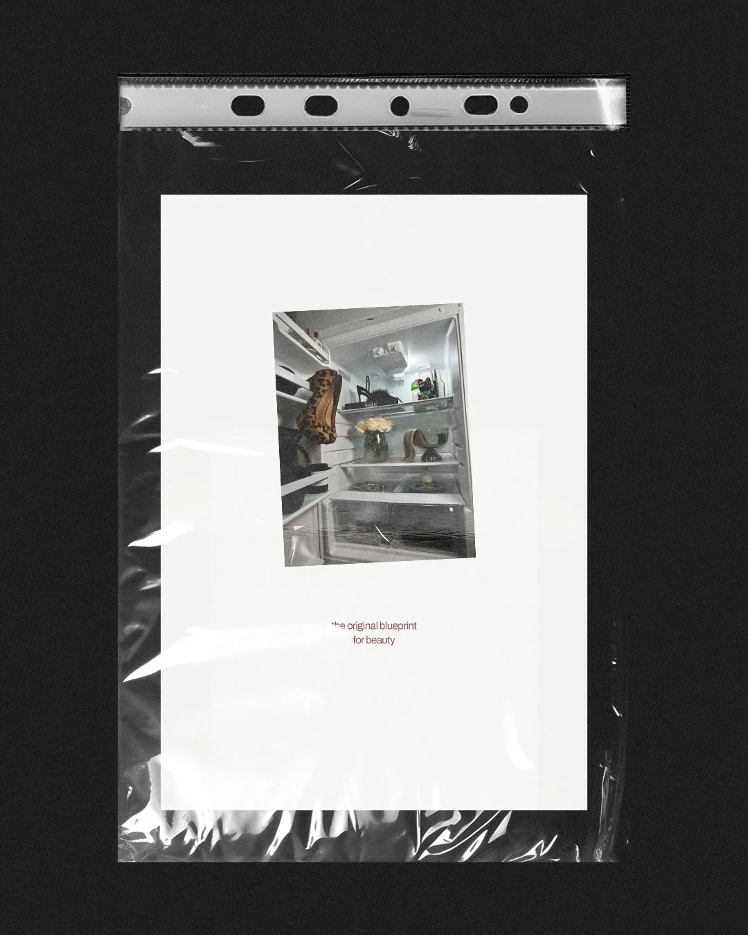 A photograph of a white printed sheet of paper inside a clear plastic bag. The paper features an image of an open refrigerator with various items inside, such as a leopard-print handbag, a bouquet of white flowers, and other objects. Below the refrigerator image, there is red text that says, "the original blueprint for beauty."