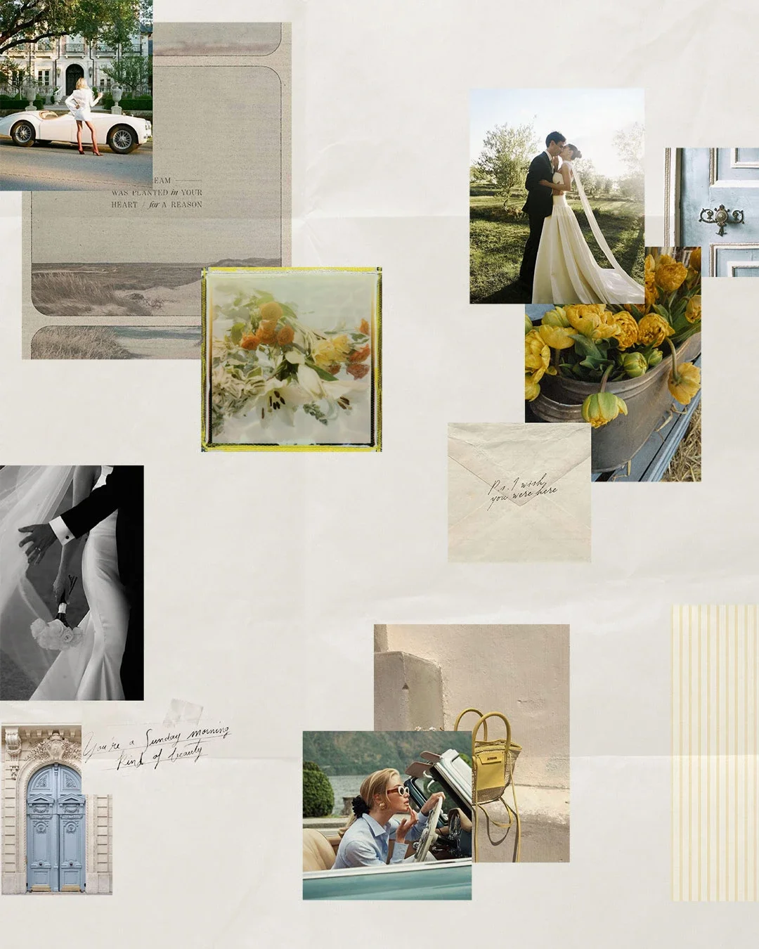 Collage of wedding-themed photos including a bride and groom, a woman in a car, flowers, an elegant blue door, and a woman on the phone with a yellow purse near her.