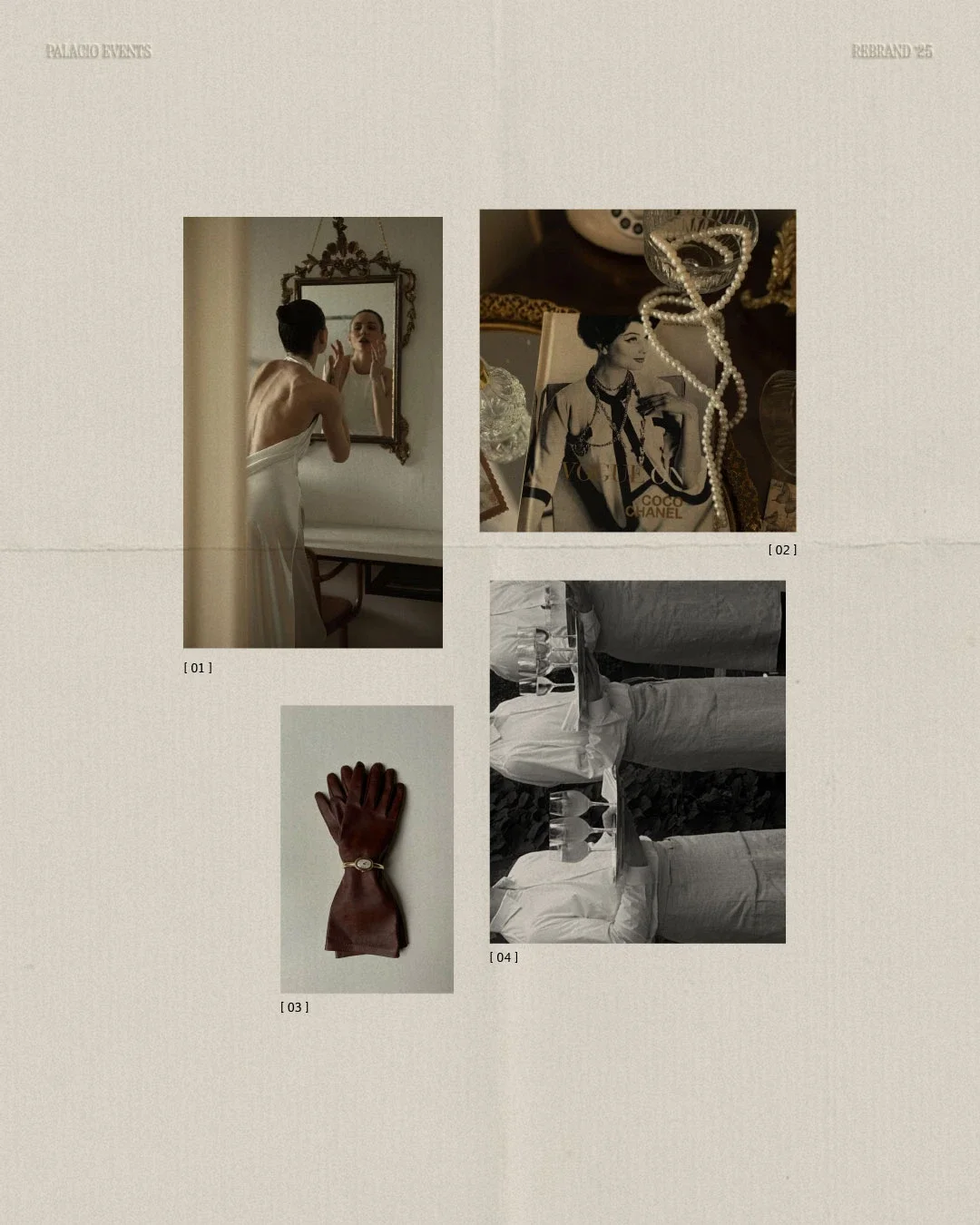 A collage with four images: The first shows a woman in a white dress looking into a mirror, adjusting her makeup. The second shows a collection of jewelry and fashion magazines, including a Vogue featuring Coco Chanel. The third is a brown leather glove with a watch around the wrist. The fourth shows two people in white clothing standing by a table with glasses and a plate, with their backs to the camera.