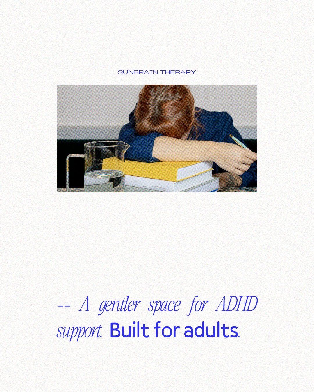 A woman with red hair resting her head on her crossed arms on a table with stacks of books and a glass of water, representing SunBrain a brand for ADHD support designed for adults.