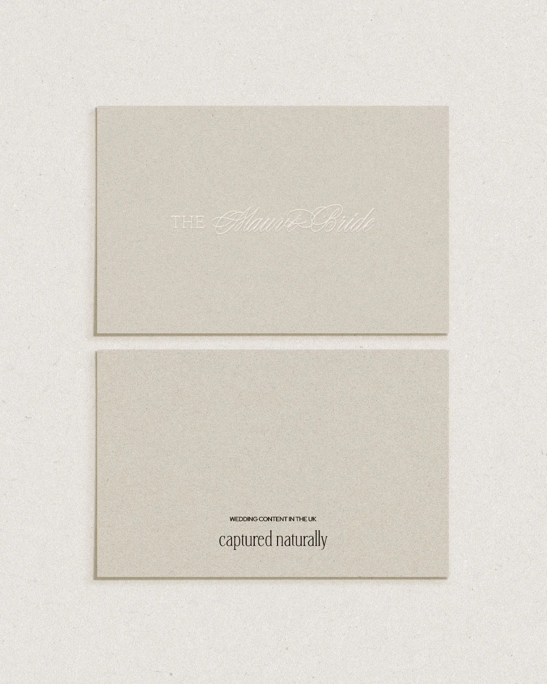 A beige wedding invitation with the words 'The Mauve Bride' in elegant cursive font on the front and 'Wedding content in the UK captured naturally' on the back.