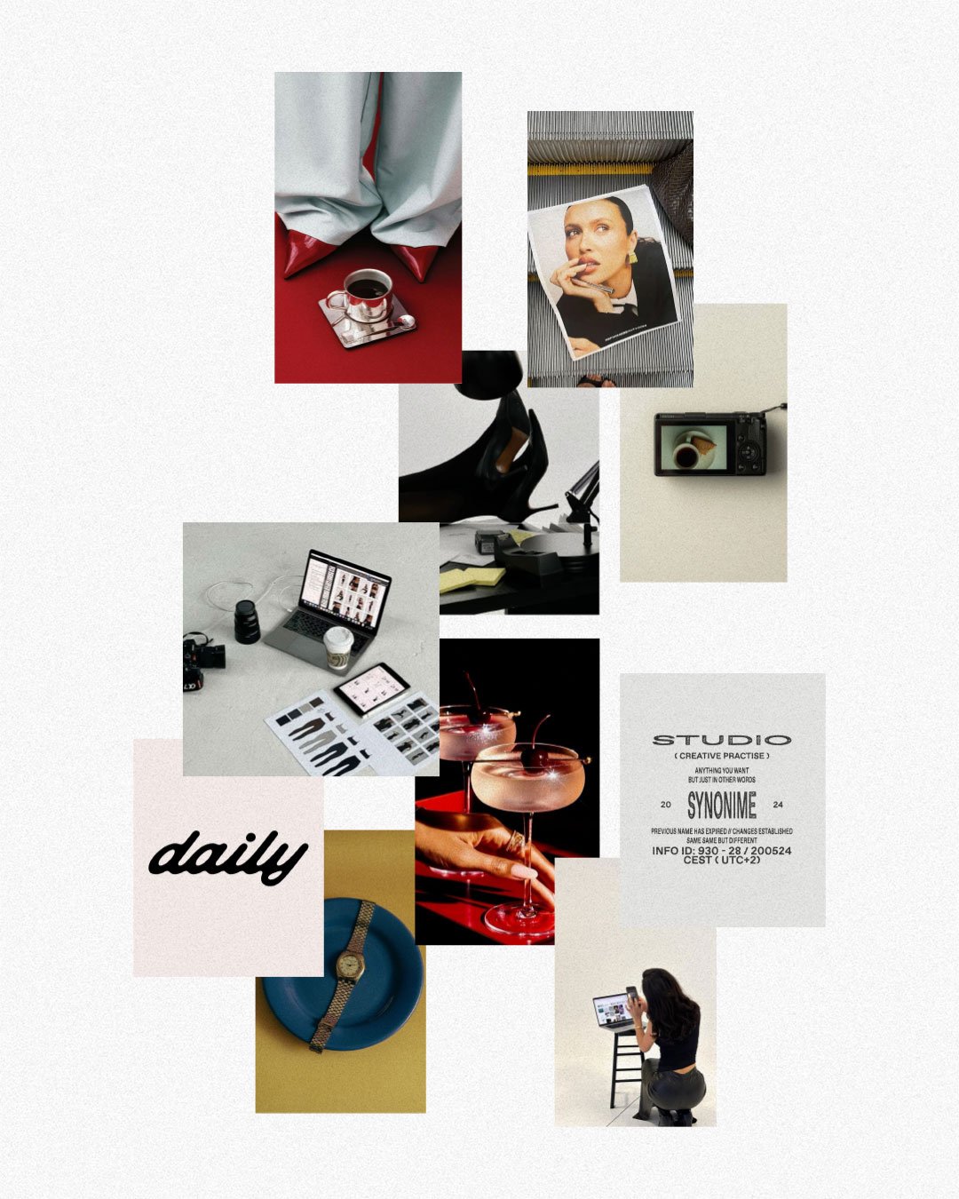 A collage of images over a white background featuring photos of websites, fancy shoes on a work desk, the words "daily" and other aesthetic cool girl pieces.