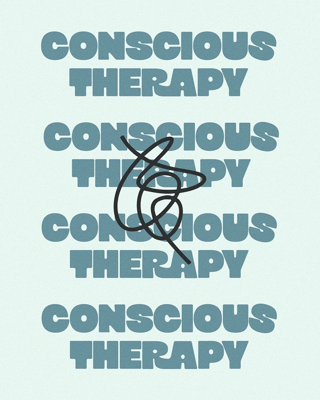 Repeated text ‘Conscious Therapy’ in bold blue font, with a black abstract line drawing over it, on a light background.