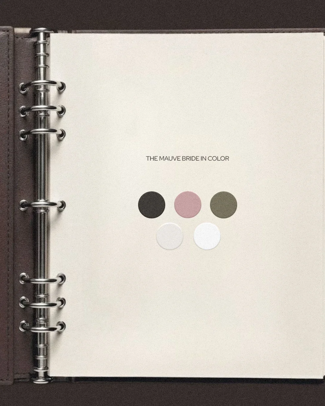 Color palette called 'The Mauve Bride in Color' featuring five swatches: black, mauve pink, olive green, white, and light gray.