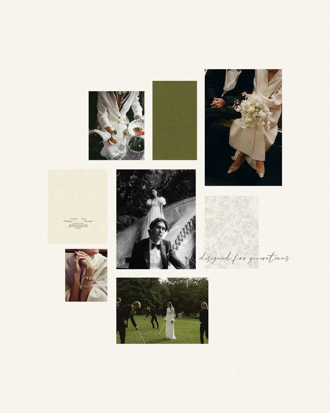 Collage of wedding-themed images including people in wedding attire, a bouquet of flowers, jewelry, a wedding cake, and people playing golf, with text that says 'designed for generations'.