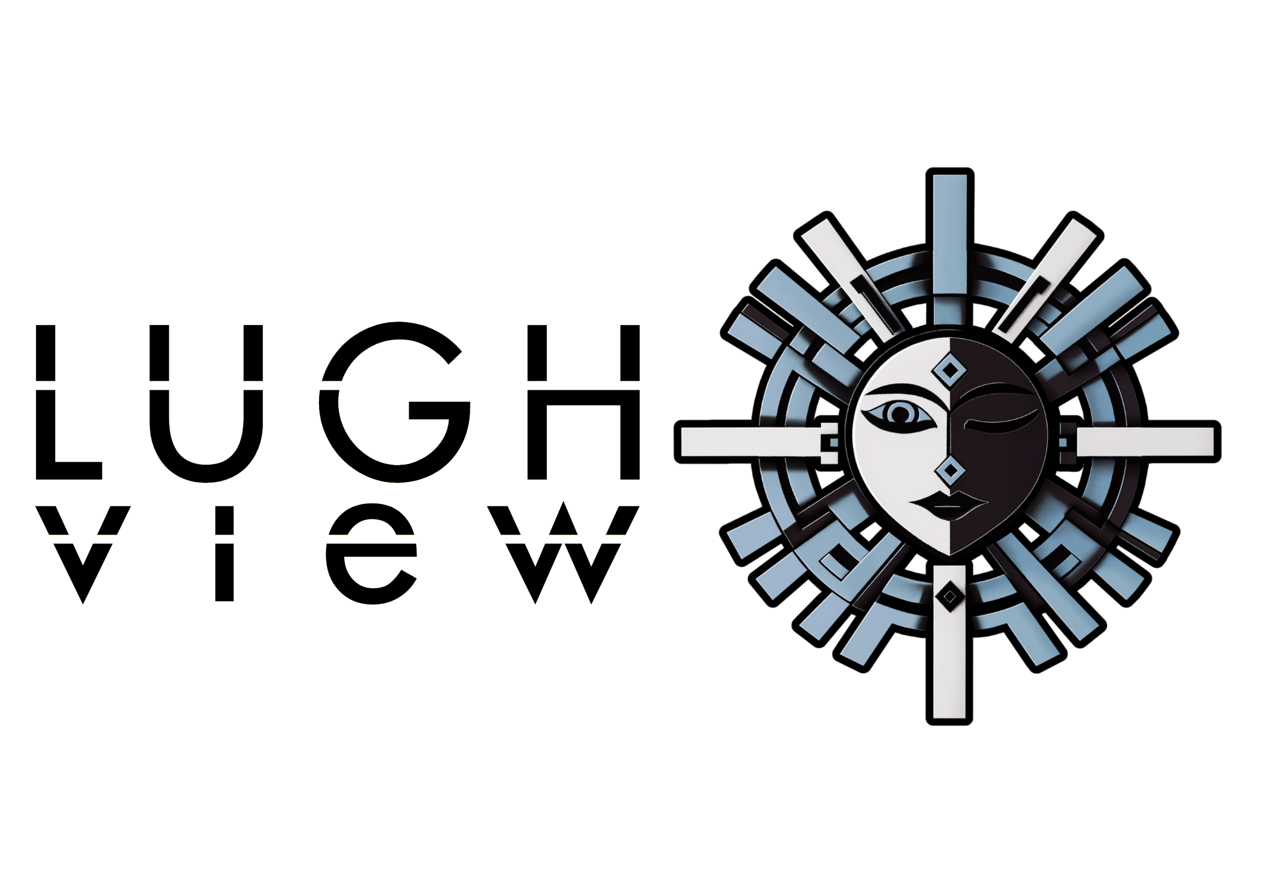 The logo of Lugh View EMS featuring stylized text on the left and a circular face with a half black, half white face and geometric shapes on a black background on the right.