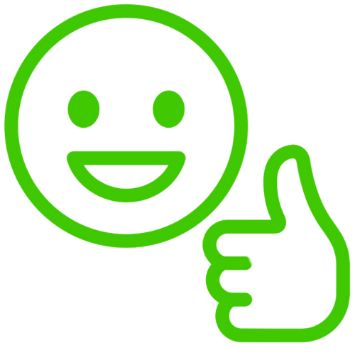 Groene smiley gezicht met duim omhoog, teken van goedkeuring.
