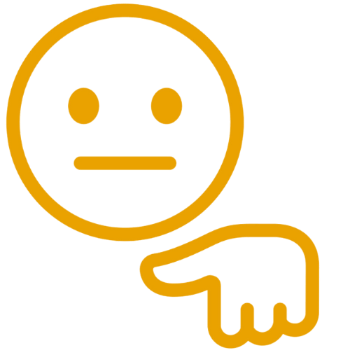 Een gezicht met een neutrale of onverschillige expressie en een vinger die naar beneden wijst.