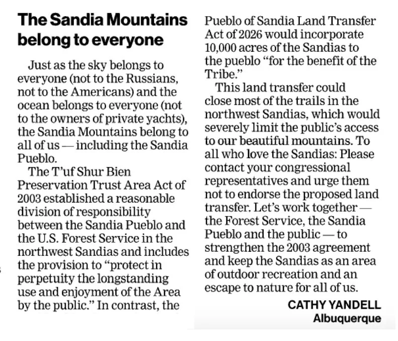 A newspaper article titled "The Sandia Mountains belong to everyone" by Cathy Yandell from Albuquerque. The article discusses land transfer legislation affecting the Sandia Mountains and emphasizes the importance of shared access and conservation.