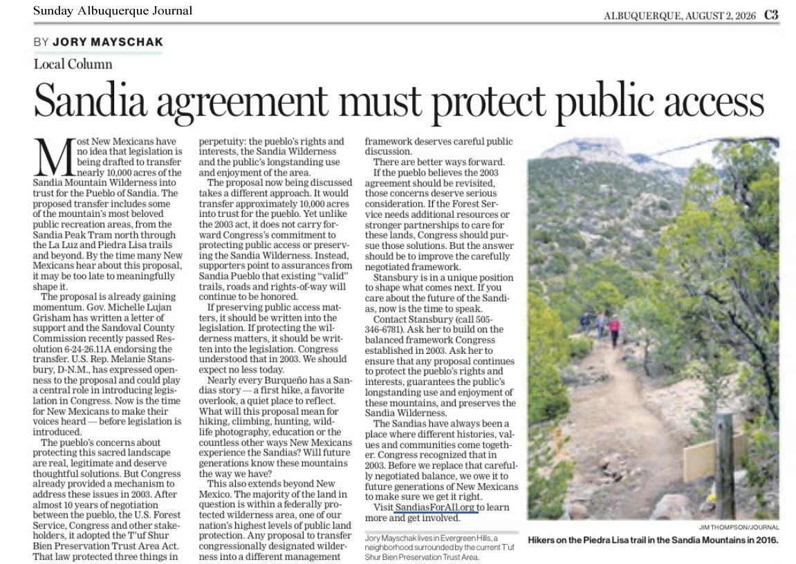 Article titled 'Sandia agreement must protect public access' from the Sunday Albuquerque Journal, dated August 2, 2026, page C3. The article discusses public land use and preservation of access to Sandia Mountain Wilderness, featuring a photo of hikers on the Piedra Lisa trail amidst trees.