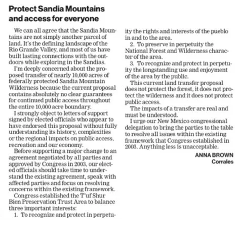Page of typed text discussing protecting Sandia Mountains, public access, land transfer, and regional interests.