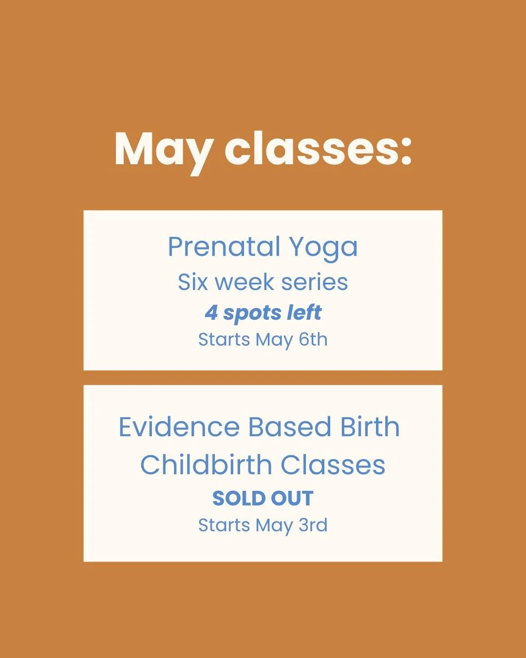 May classes are right around the corner!

Prenatal Yoga - mental &amp; physical birth prep: Wednesdays at 6:30 pm in Purcellville - 4 spots still available!

Evidence Based Birth&reg; Childbirth Classes: Sundays at 4:00 pm online - Sold out - next se