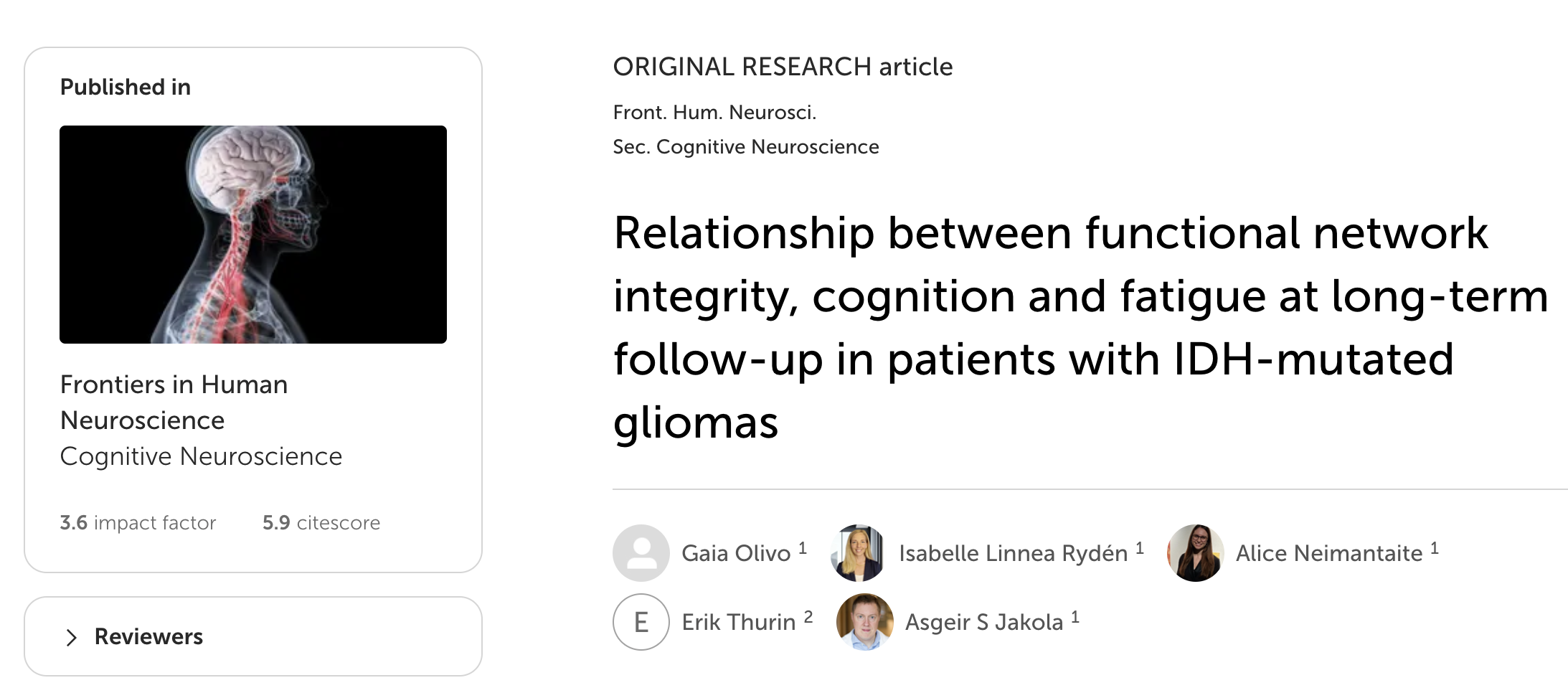 Publication: Functional network integrity, cognition and fatigue in patients with IDH-mutated gliomas