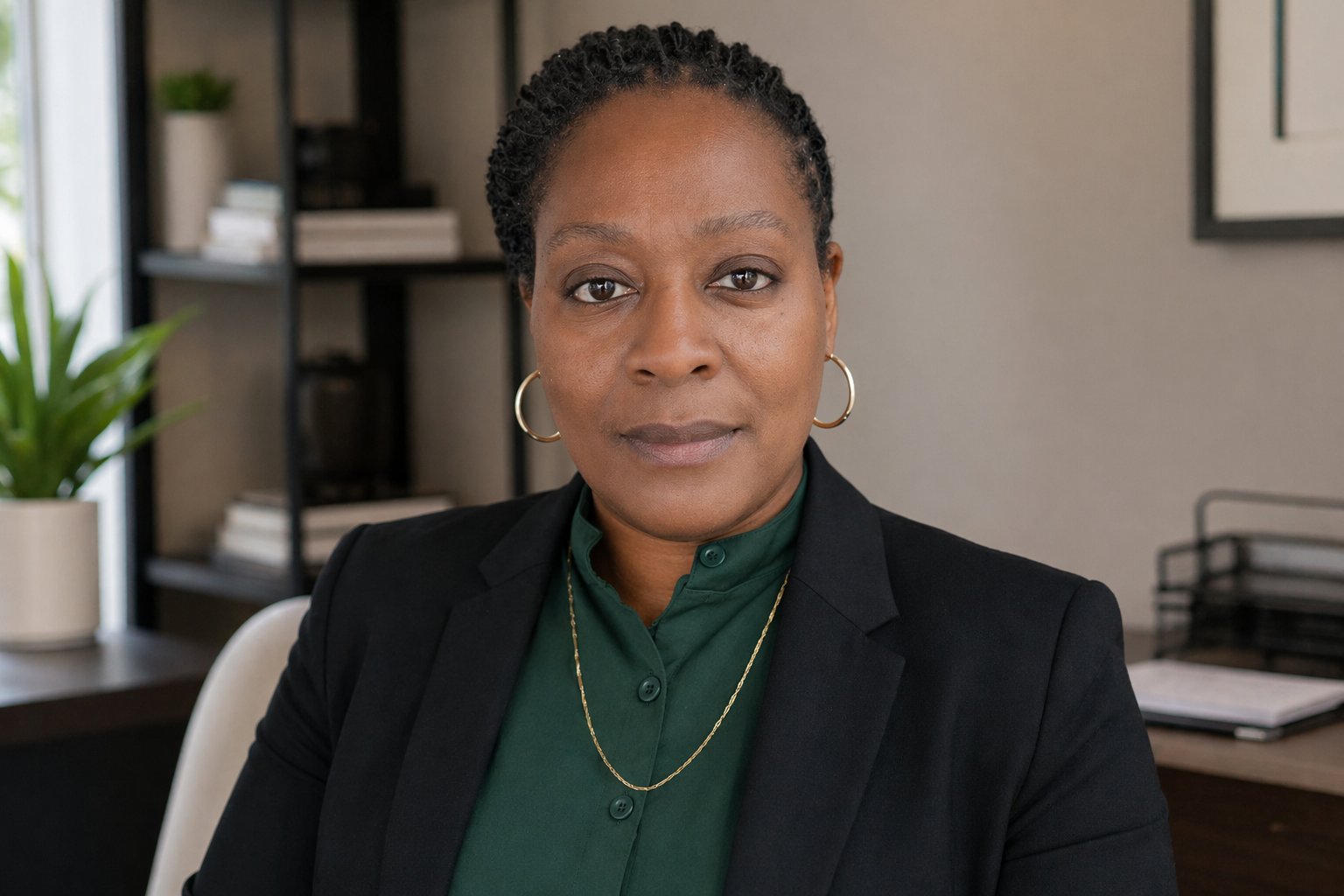 Netra Boykin seated in a professional office wearing a dark blazer and green blouse.