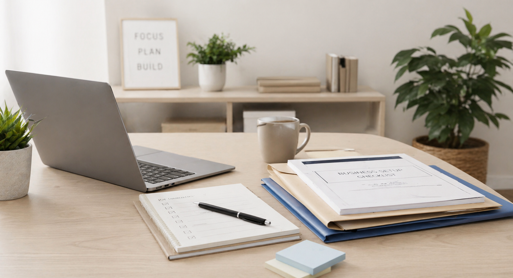 Organized business setup workspace with laptop, notebook, folders, and startup documents in a professional office.
