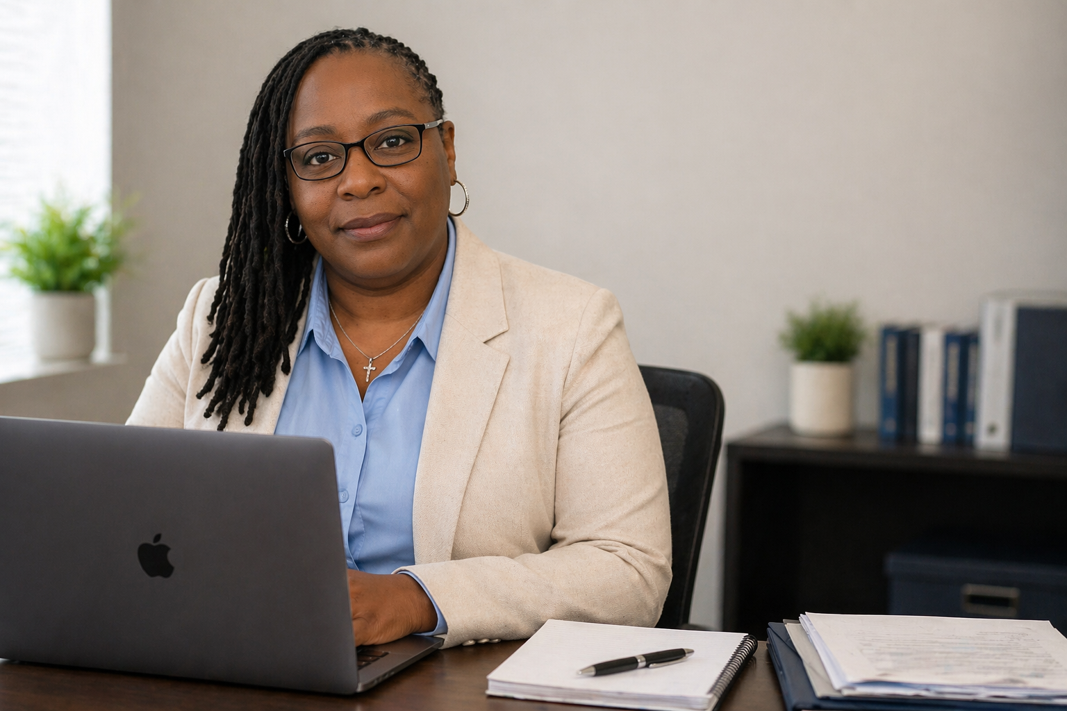 Netra Boykin seated at a desk with a laptop, notebook, and documents in a professional office.