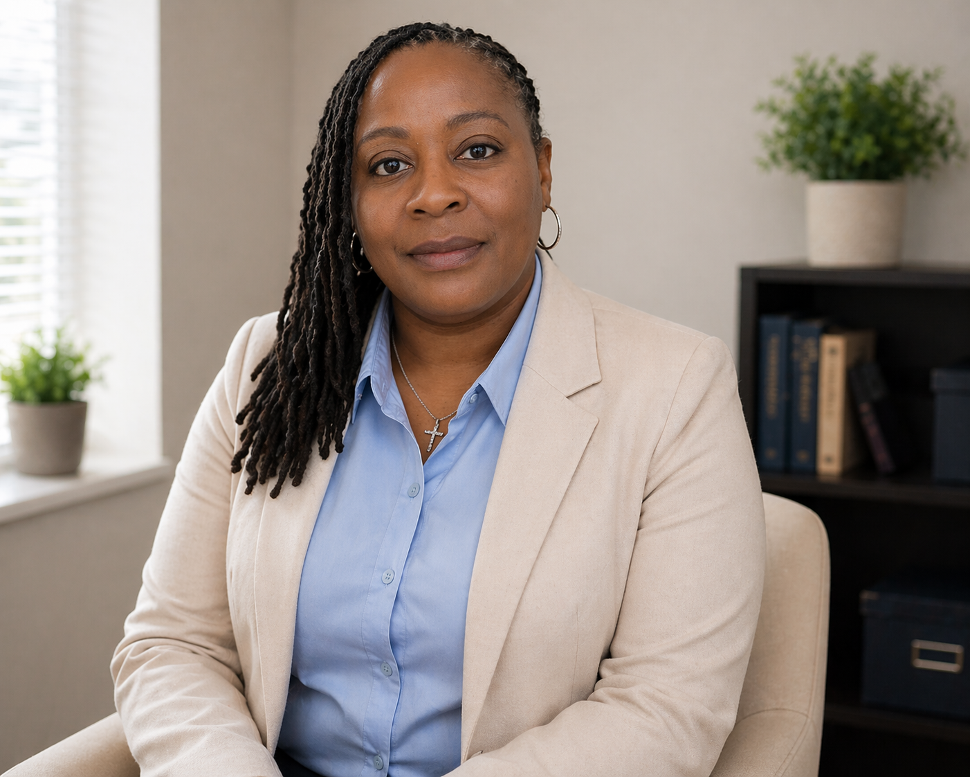 Netra Boykin seated in a professional office wearing a beige blazer and blue blouse.