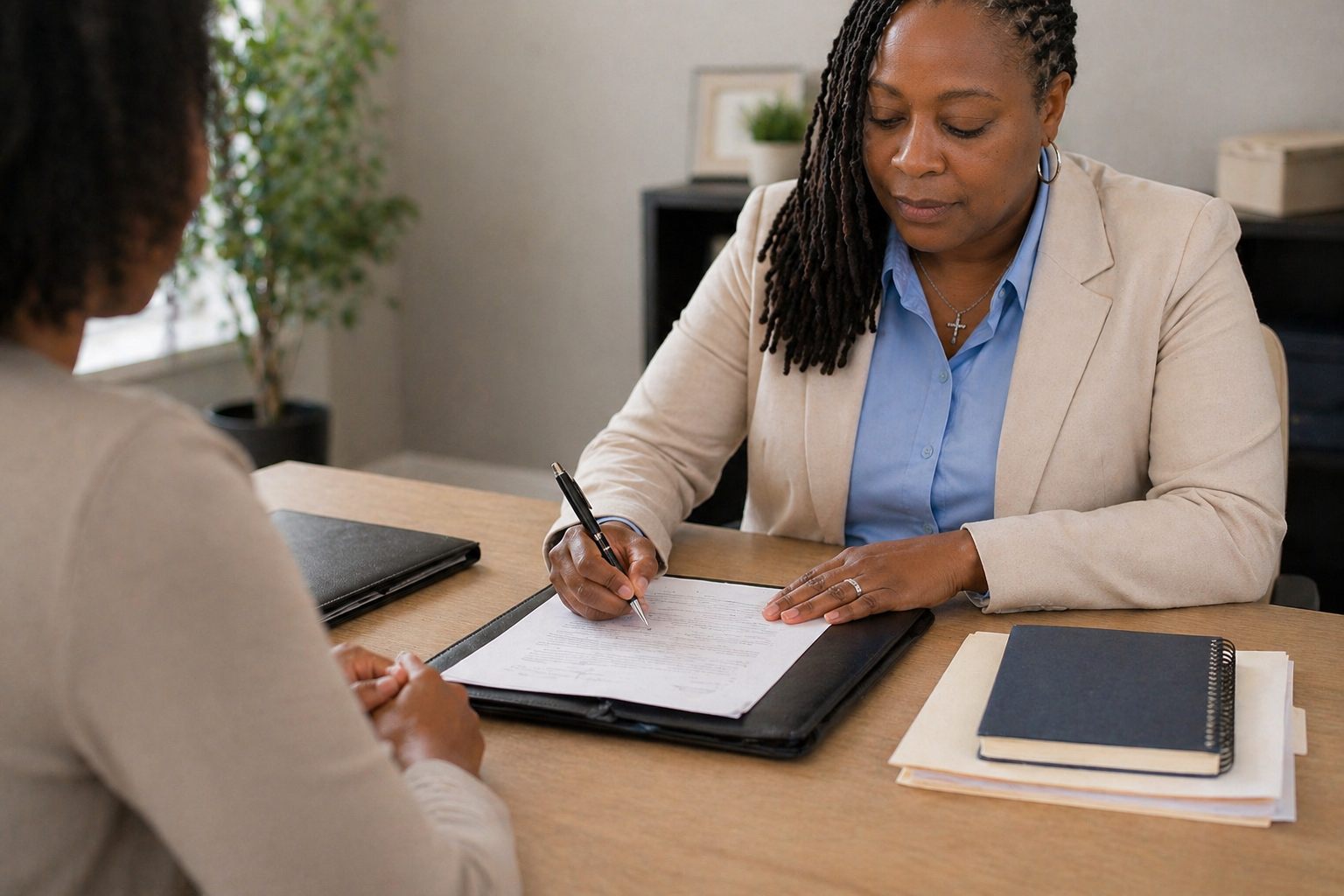Professional notary signing appointment with documents, pen, and two people seated at a desk.