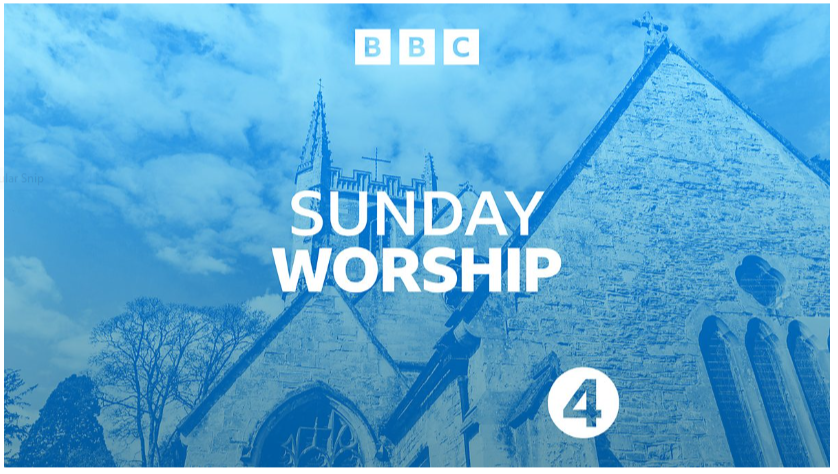 A church with a stone facade and tall arched windows, set against a sky with some clouds. The image has a blue tint, and includes the text "BBC Sunday Worship" and thenumber 4.