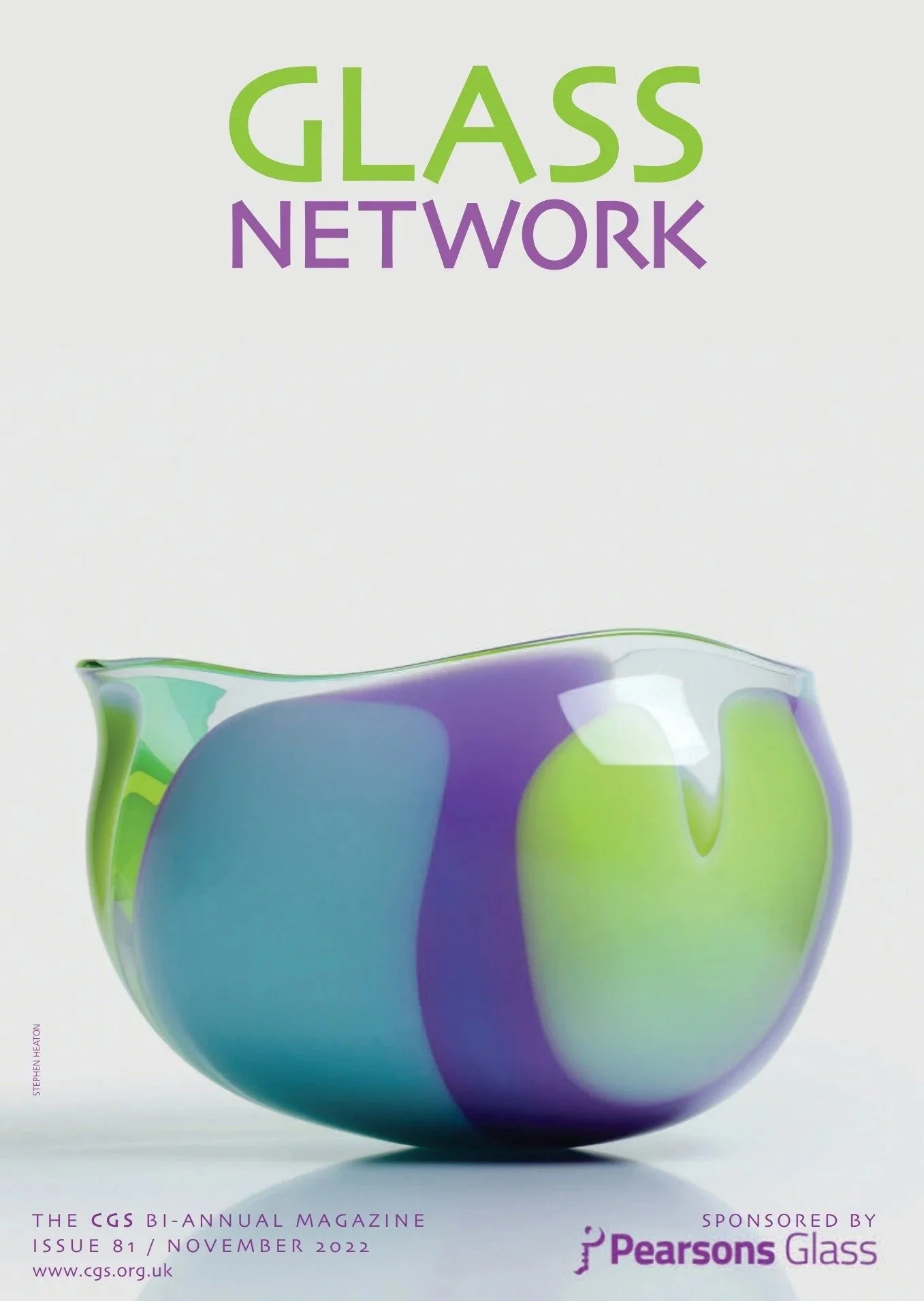 Cover page of the Glass Network bi-annual magazine featuring a colorful glass bowl with purple, green, and blue hues. The title "Glass Network" is at the top in large green and purple text. The magazine issue details and sponsoring company Pearsons Glass are at the bottom.