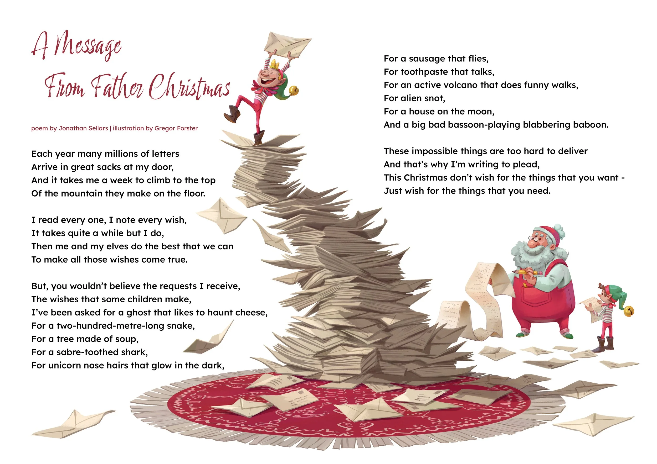 Funny poem by Jonathan Sellars showing Father Christmas receiving a pile of letters full of wild wishes.