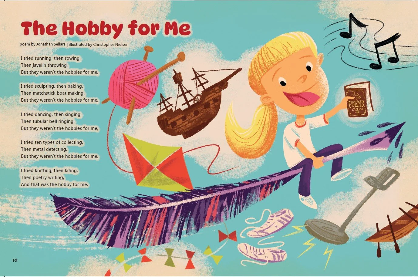 A fun illustration captures the various hobbies tried before settling on poetry writing as a favourite