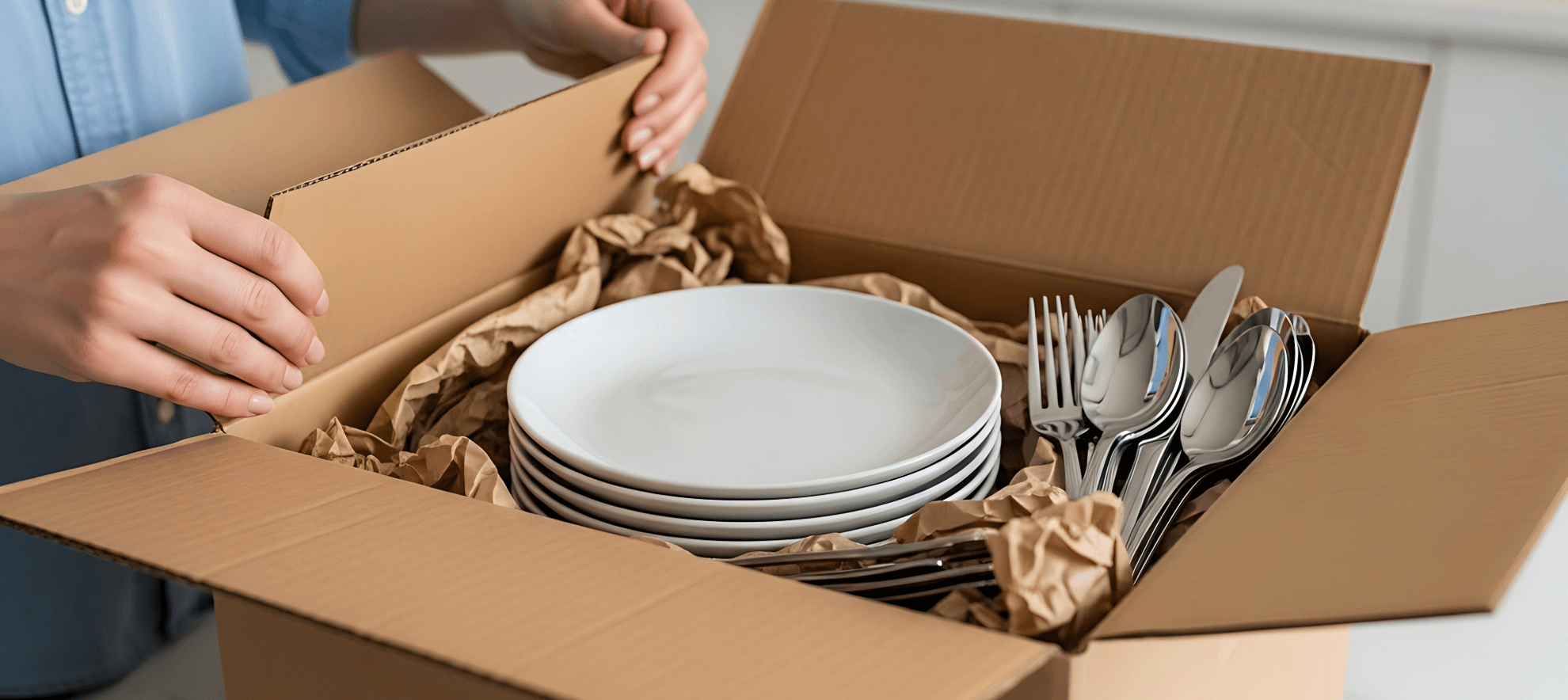packing kitchenware plates and cutlery to donate
