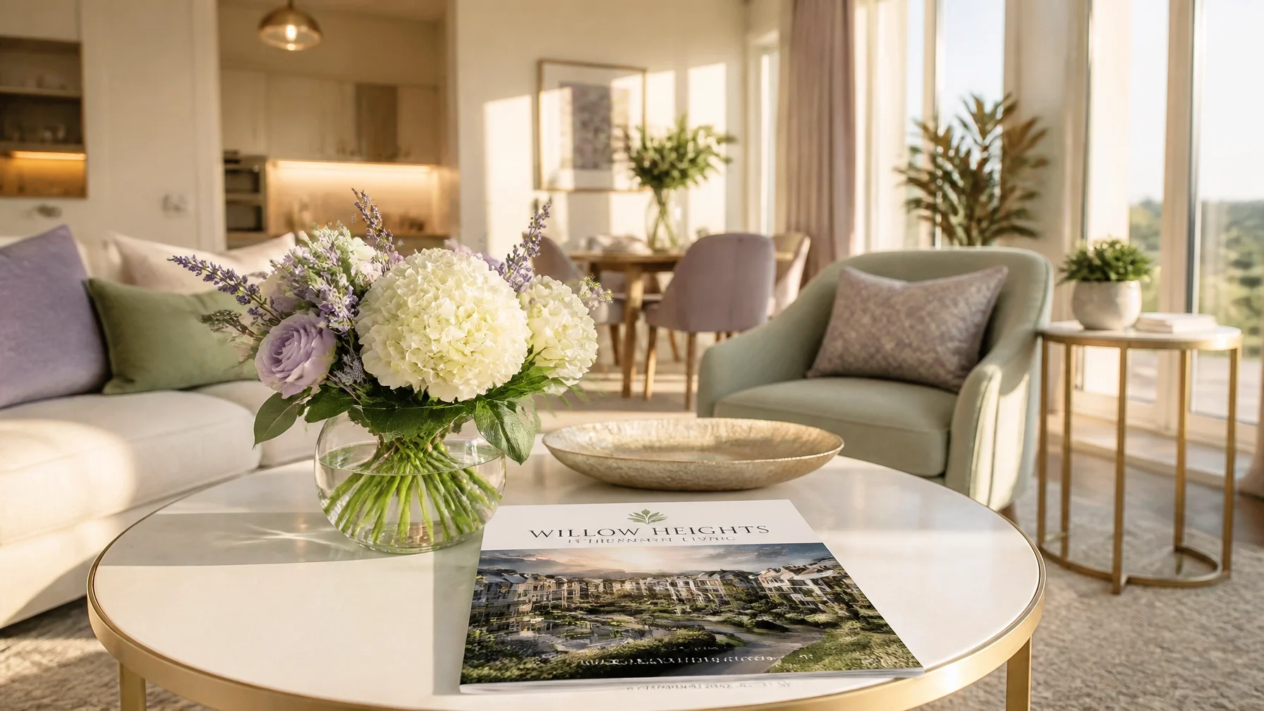 A sophisticated, high-end modern retirement apartment interior with soft sunlight and sage green accents