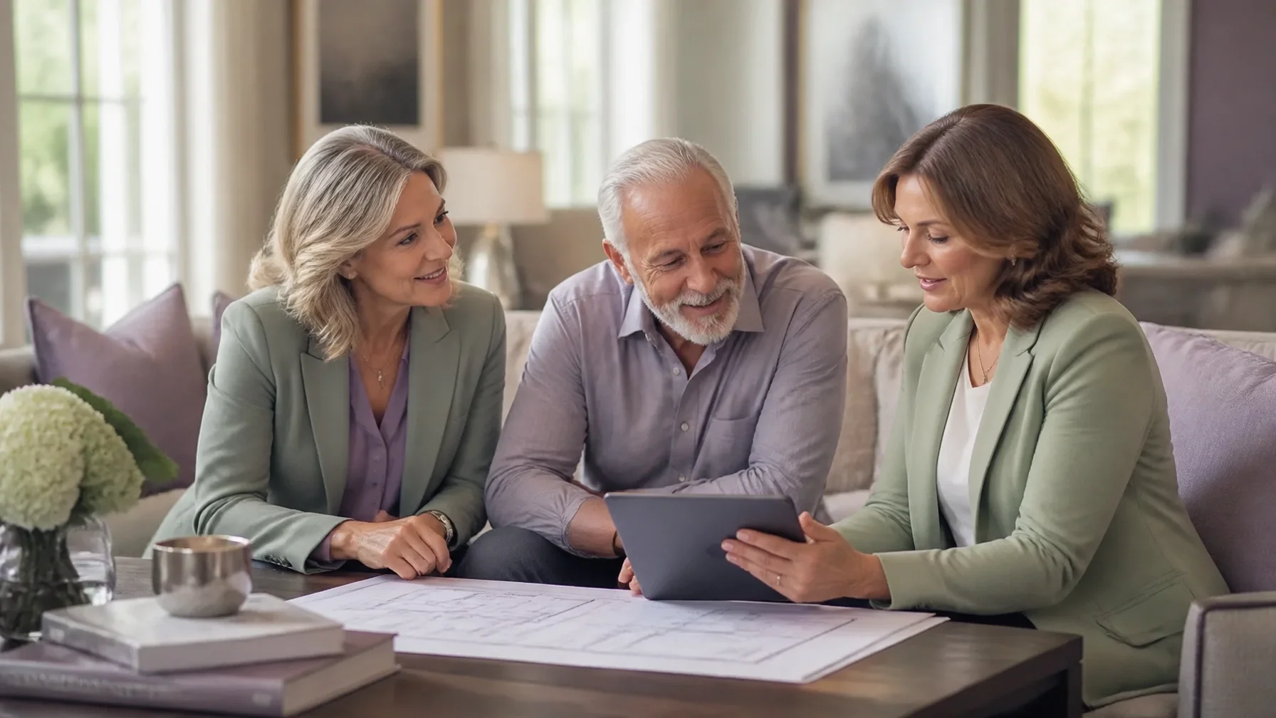 A senior move manager consulting with an older couple in a luxury home setting, planning a transition with care and expertise.