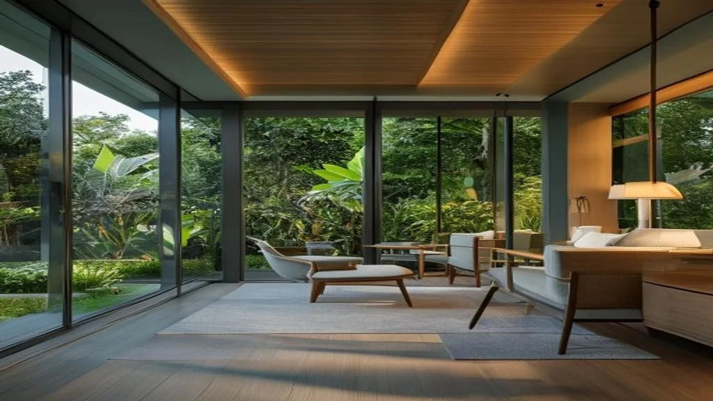 A sophisticated, modern retirement suite featuring biophilic design with floor-to-ceiling windows overlooking a lush green garden. The room is decorated in soft sage and muted blues, with natural wood finishes and elegant, ergonomic furniture.