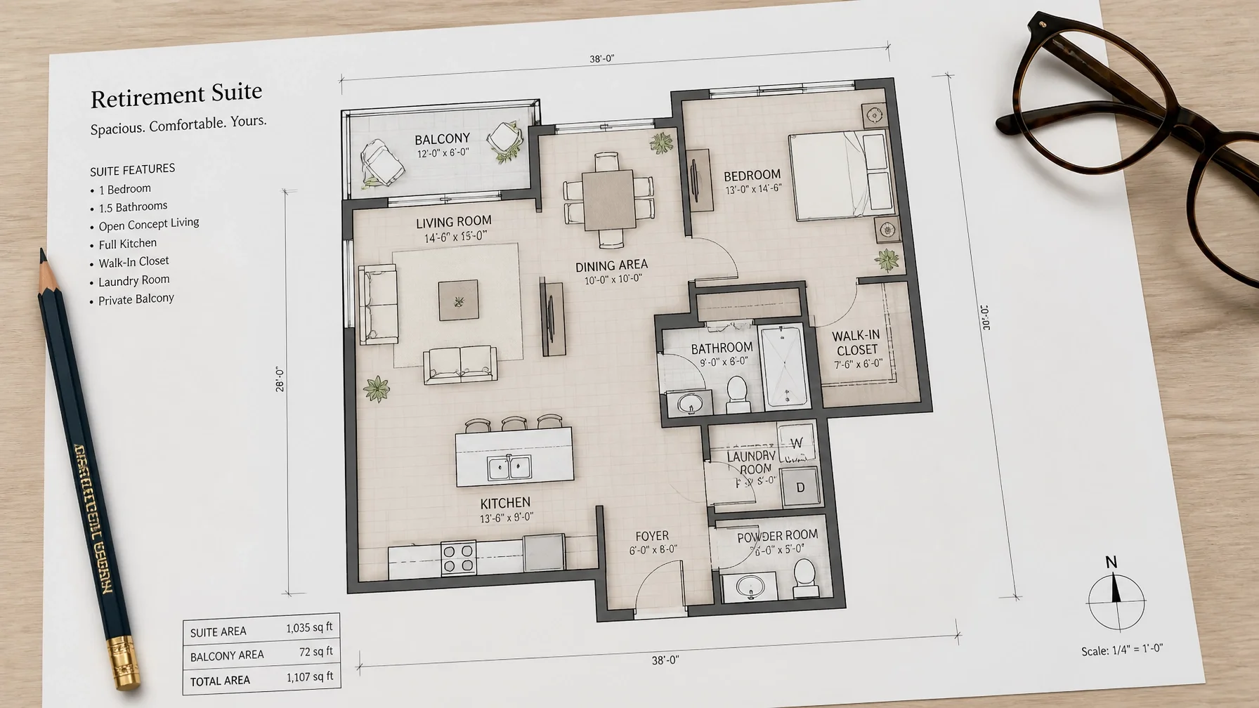A professional architectural floor plan on a light wooden table