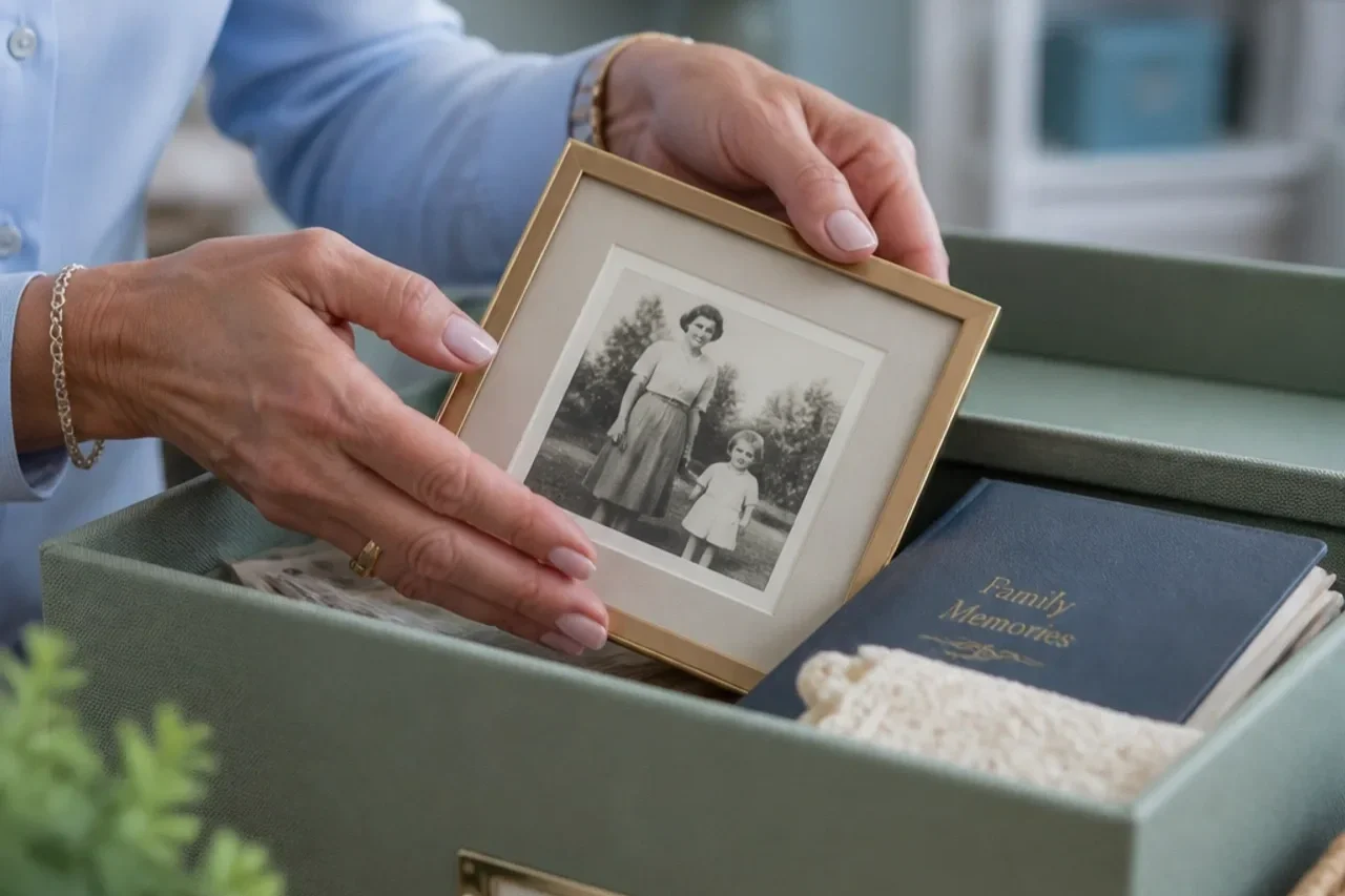 A close-up of hands gently placing a vintage photo into a memory box