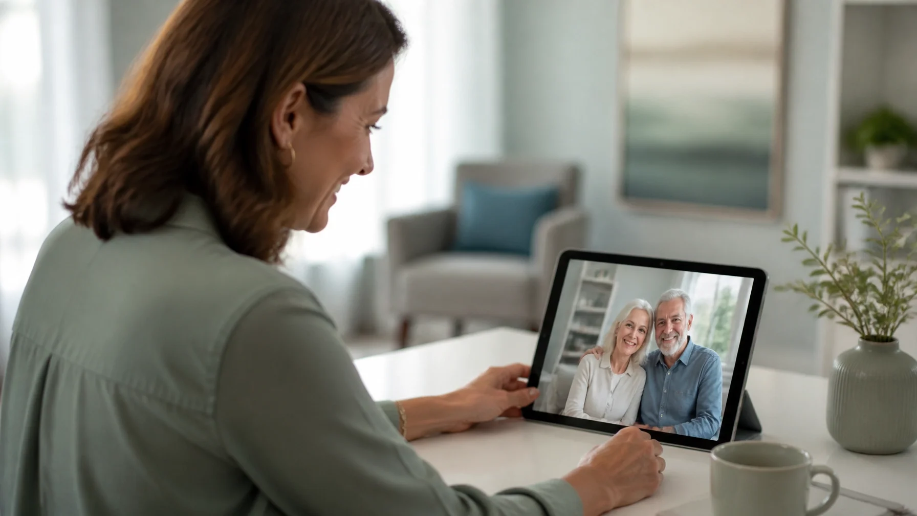 A compassionate adult daughter coordinating a move for her parents via a video call in a calm, modern setting.