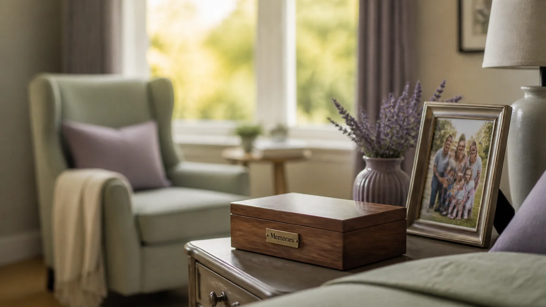 A beautifully prepared room in a luxury senior living suite featuring a memory box and family photograph, symbolizing a peaceful transition.