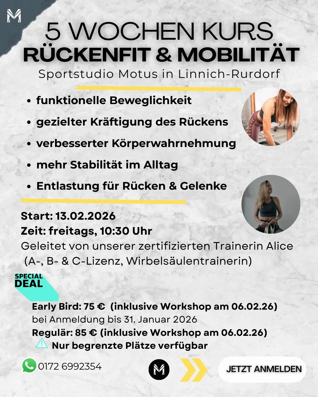 🌟Neuer Kurs: R&uuml;cken und Mobilit&auml;t in Linnich-Rurdorf

R&uuml;ckenschmerzen entstehen selten durch &bdquo;zu wenig Training&ldquo;. Meist fehlen Beweglichkeit, Stabilit&auml;t und eine saubere Ansteuerung.

Genau hier setzt R&uuml;ckenfit &