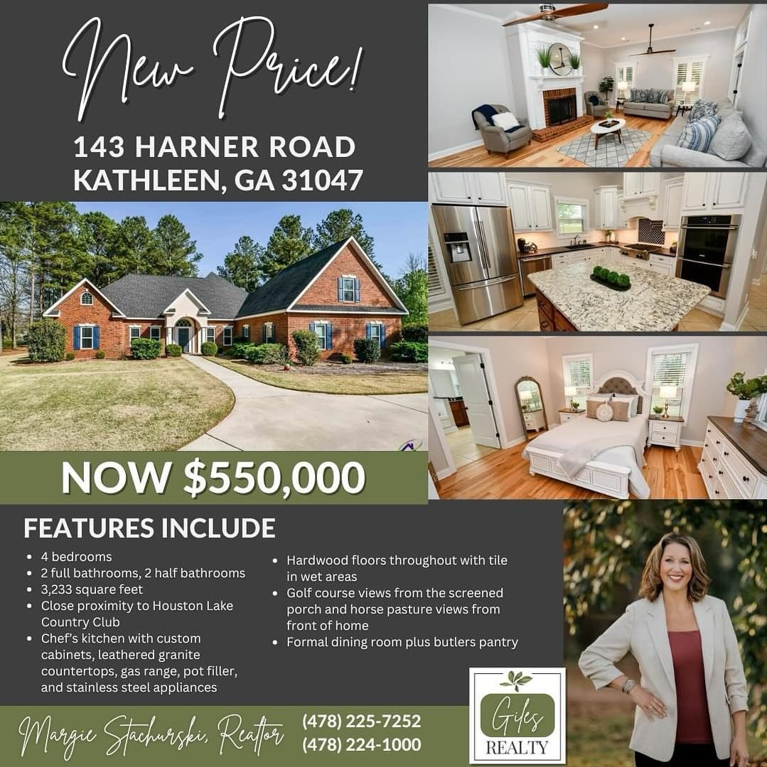 💚 NEW PRICE! $550,000 💚

Welcome to 143 Harner Rd. in Kathleen, where luxury meets comfort in close proximity to the prestigious Houston Lake Country Club. This all-brick, 1.5 story home features 3 Bedrooms, Office, 2 full baths, 2 1/2 baths and 32