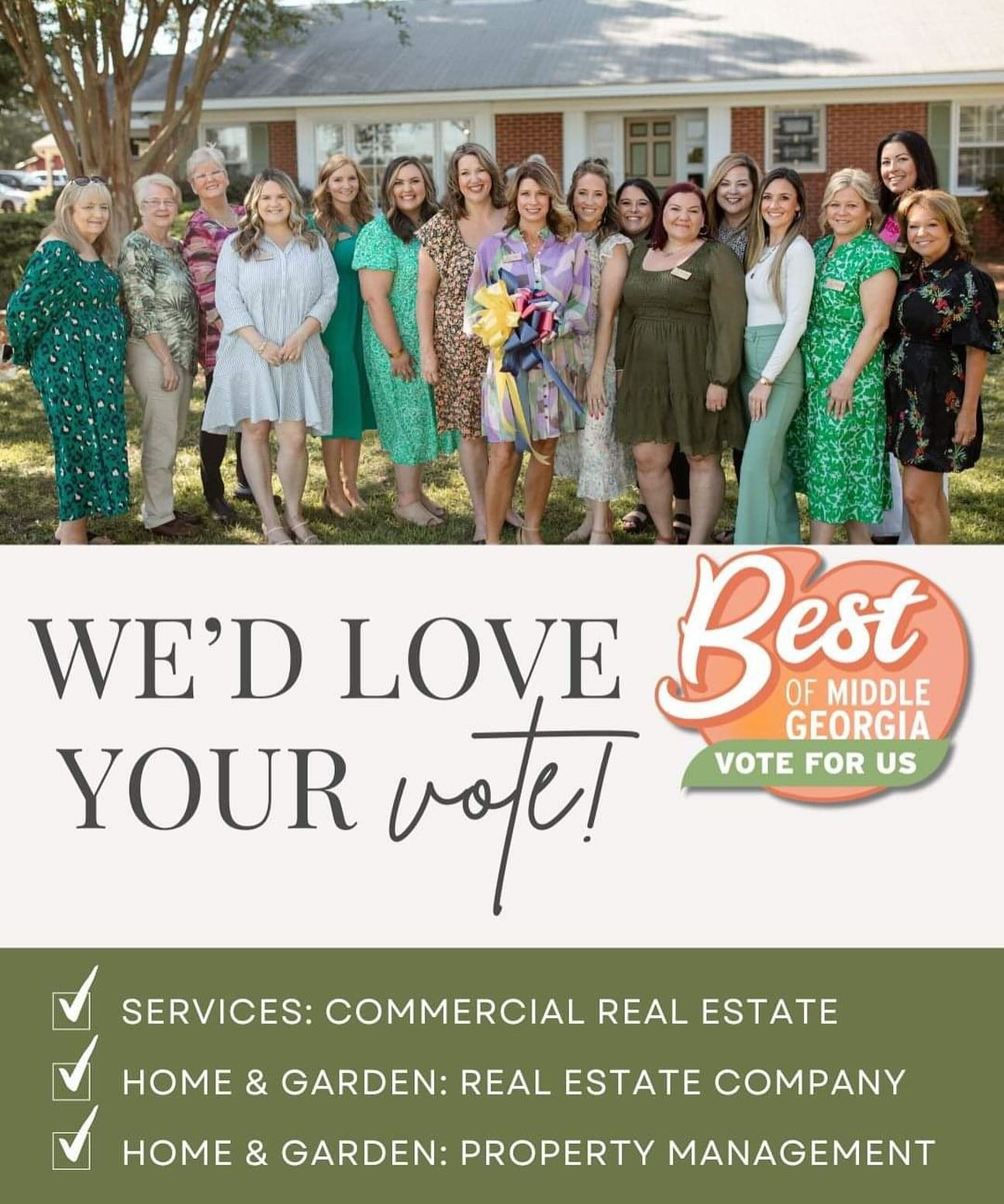 💚 THANK YOU for nominating us for THREE categories in the Best of Middle Georgia! Now, we would love your vote!! 💚

We&rsquo;d be honored to have your vote in:
Home &amp; Garden: Property Management &amp; Real Estate Company 
Services: Commercial R