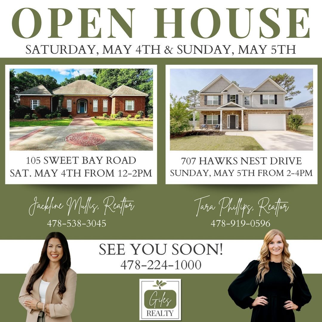 Open This Weekend! 

Come tour two great homes this weekend!

105 Sweet Bay Road, Saturday, May 4th from 12-2pm
Jackline Mullis, Realtor 
707 Hawks Nest Drive, Sunday, May 5th from 2-4pm
Tara Phillips Realtor at Giles Realty

We look forward to seein