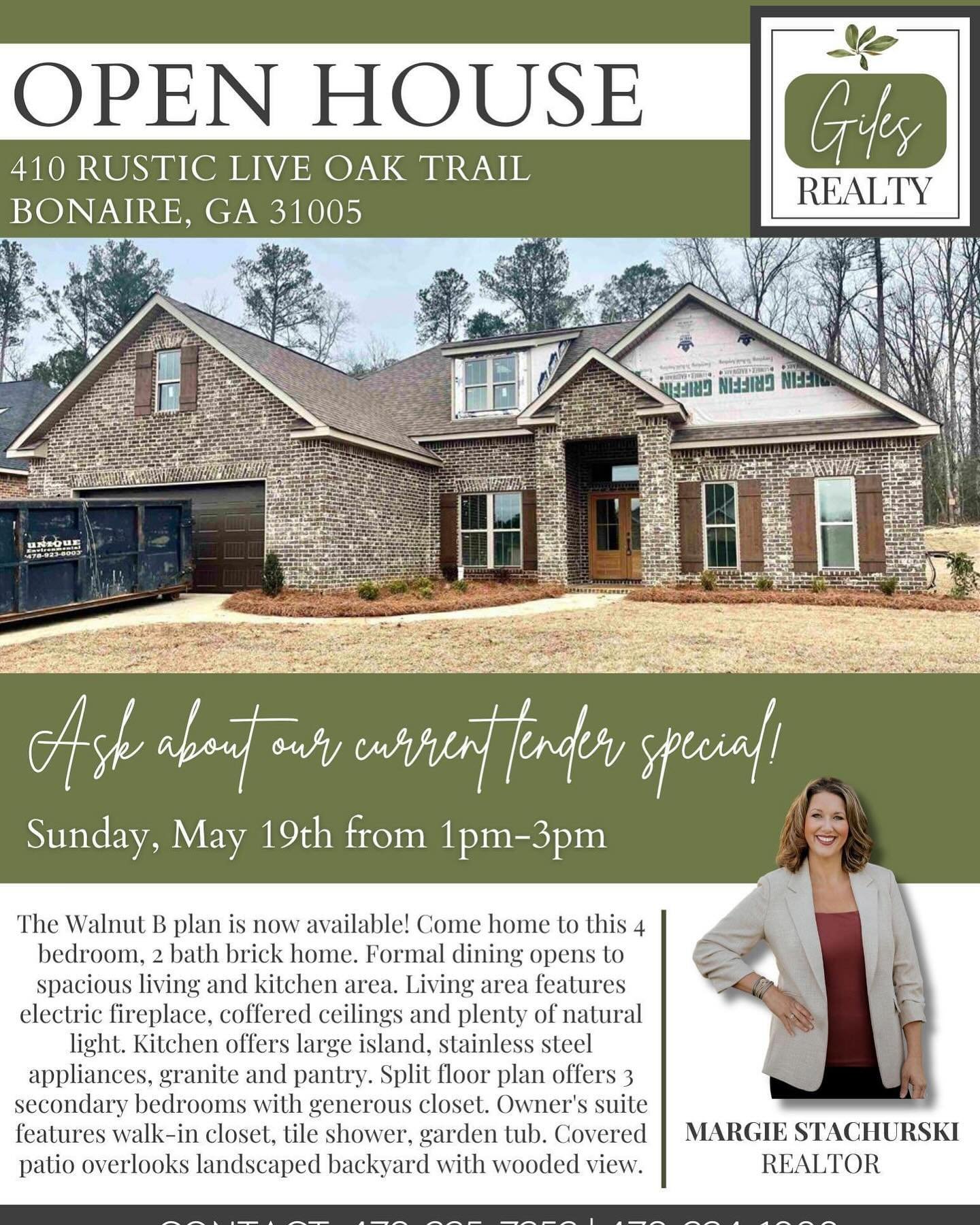 💚 Open Sunday! 💚

410 Rustic Live Oak Trail, Bonaire, GA 31005
Sunday, May 19th from 1-3pm

Directions: From SR 96 E turn right onto County Rd, turn right onto Old Perry Rd. Then turn left onto Rustic Live Oak Trail. Follow back to new phase. The h