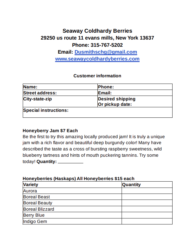 An order form for purchasing Honeyberries (Haskaps), Blueberries, Grapes, Raspberries, Figs, and other fruiting plants or nursery plants.