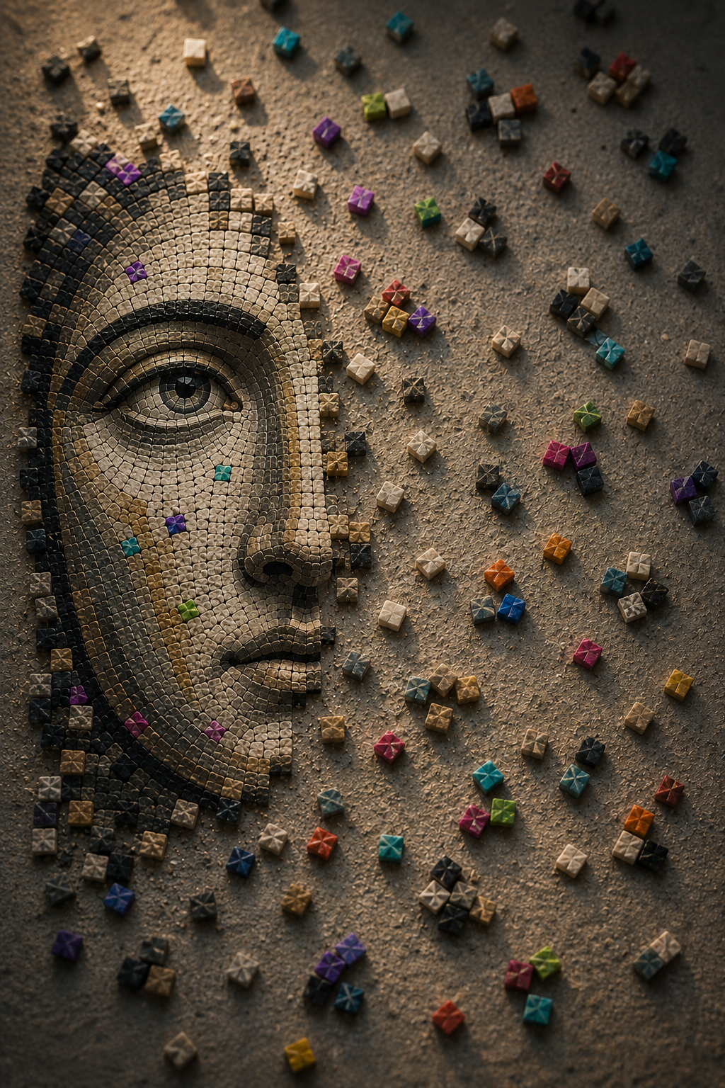 Mosaikbild eines menschlichen Gesichts, teilweise fertiggestellt, umgeben von bunten kleinen Würfeln auf einer rauen Oberfläche.