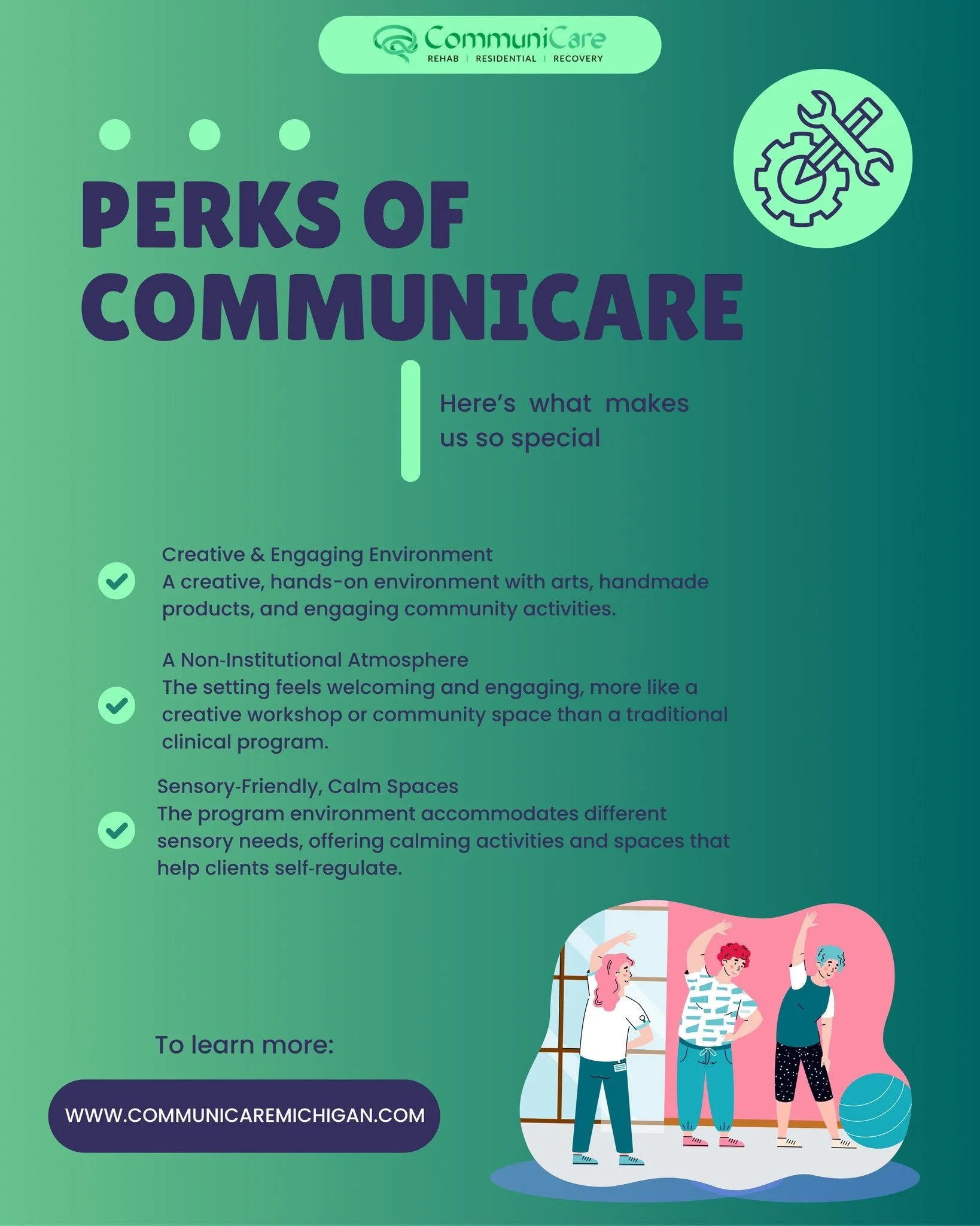 Informational poster about Perks of CommuniCare, a rehab, residential, and recovery organization, featuring colorful illustrations of people in a warm, inviting environment engaging in activities like stretching and socializing.