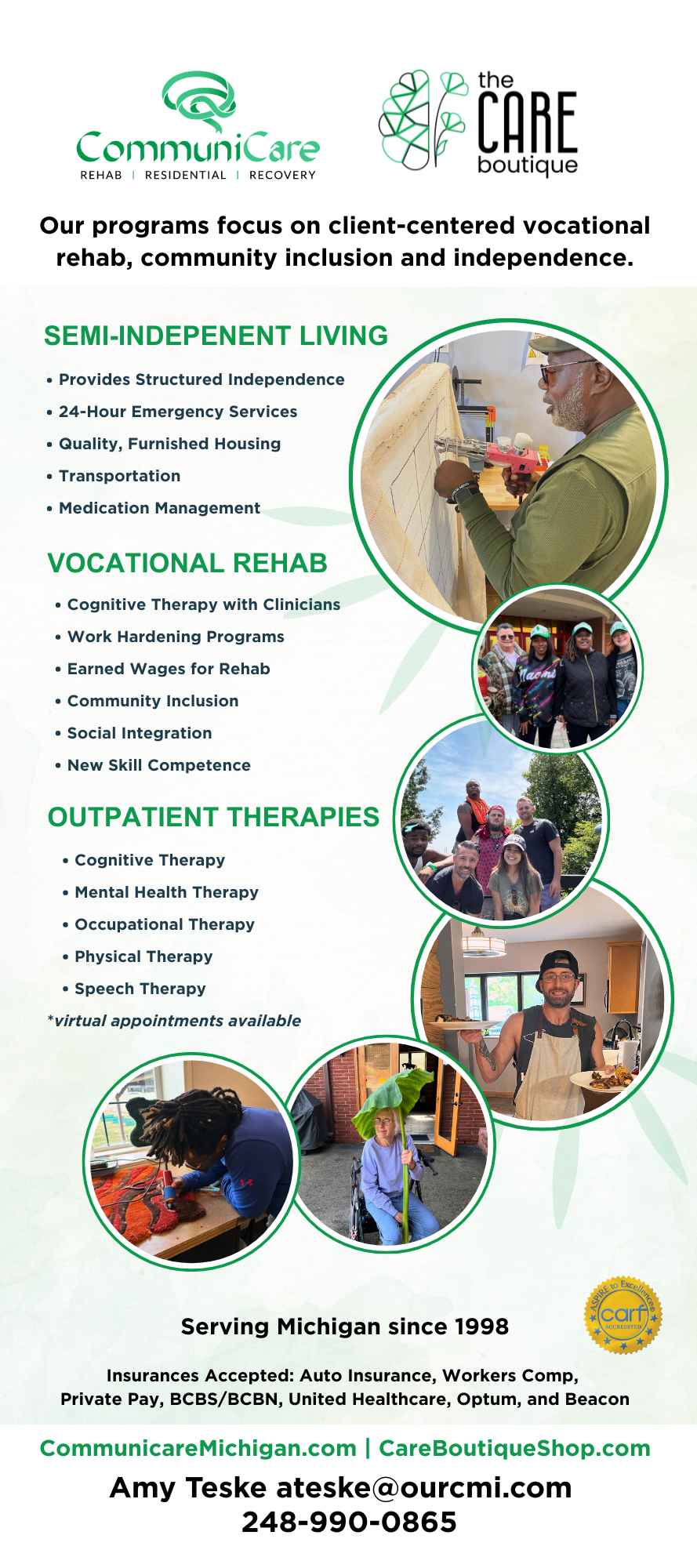 Flyer for CommuniCare and The Care Boutique programs in Michigan, highlighting services in semi-independent living, vocational rehab, and outpatient therapies. Includes images of individuals engaging in therapy, outdoor activities, and group photos, 