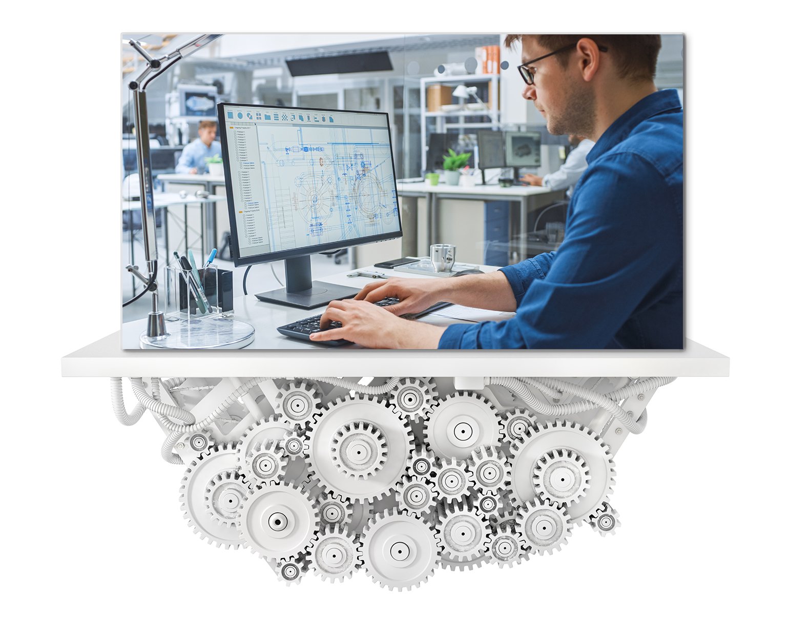 man at computer working with gear wheel image below