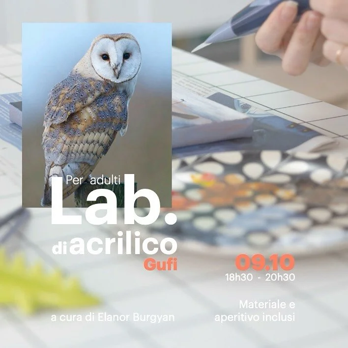 Lab. acrilico 
/gufi
a cura di @elanorburgyan 
 
Trascorri una serata piacevole, divertente e creativa pensata per tutti, anche per chi non ha mai dipinto prima. Ogni incontro propone un soggetto diverso ispirato alla natura.
Realizzerai un piccolo q