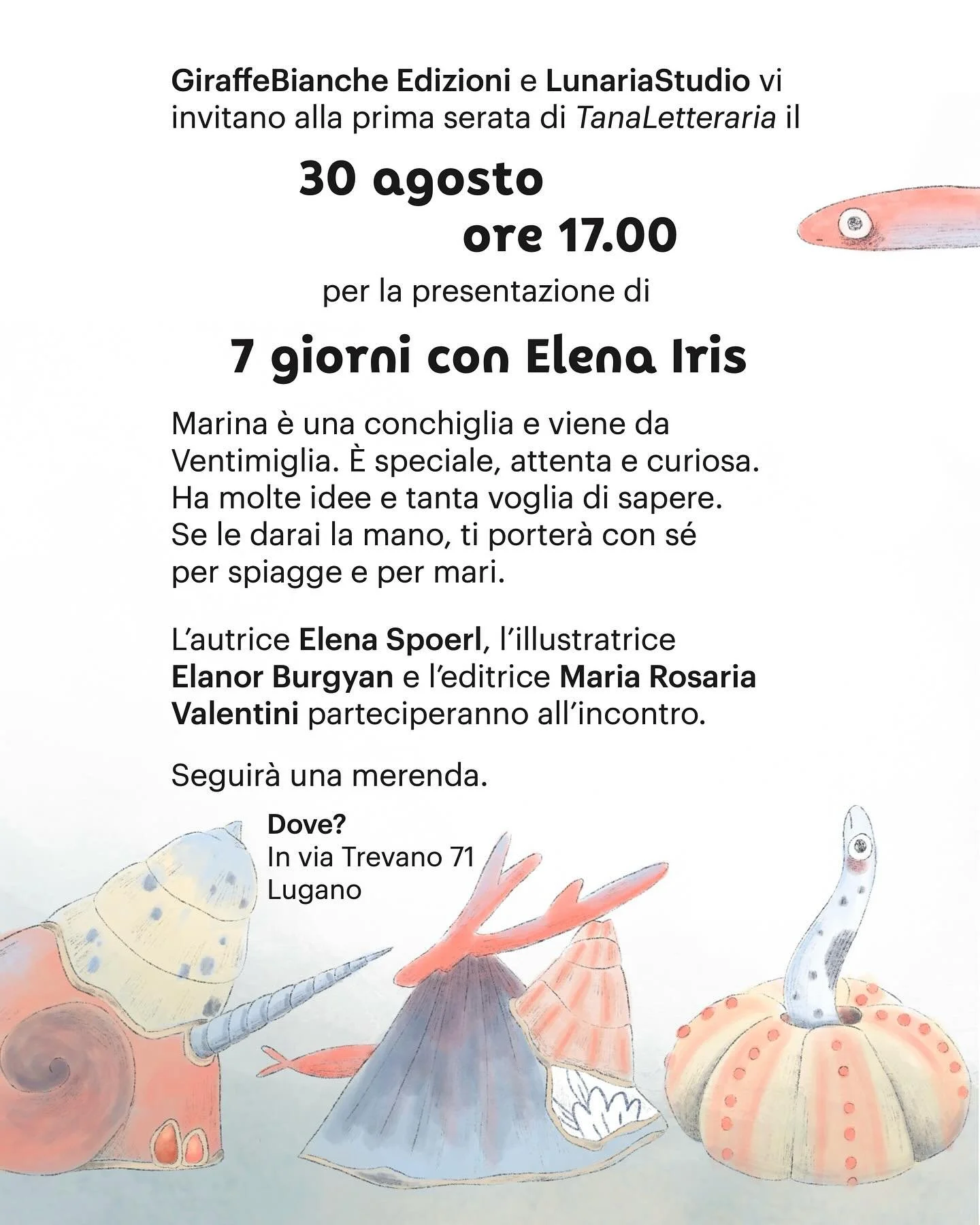 @giraffebiancheedizioni e @_lunariastudio_ vi invitano il 30 agosto ore 17.00 alla presentazione di &ldquo;7 giorni con Elena Iris&rdquo;

L&rsquo;autrice Elena Spoerl, l&rsquo;illustratrice @elanorburgyan e l&rsquo;editrice @marovalentini saranno pr