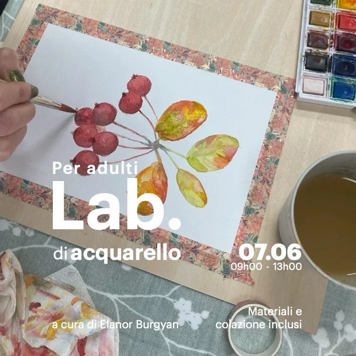 Lab. di acquarello 
/ base 
a cura di @elanorburgyan 

Scopri la magia dell&rsquo;acquarello!
Questo Lab. &egrave; pensato per chi vuole avvicinarsi a questa tecnica delicata e affascinante. Imparerai le basi per creare sfumature, trasparenze e picco